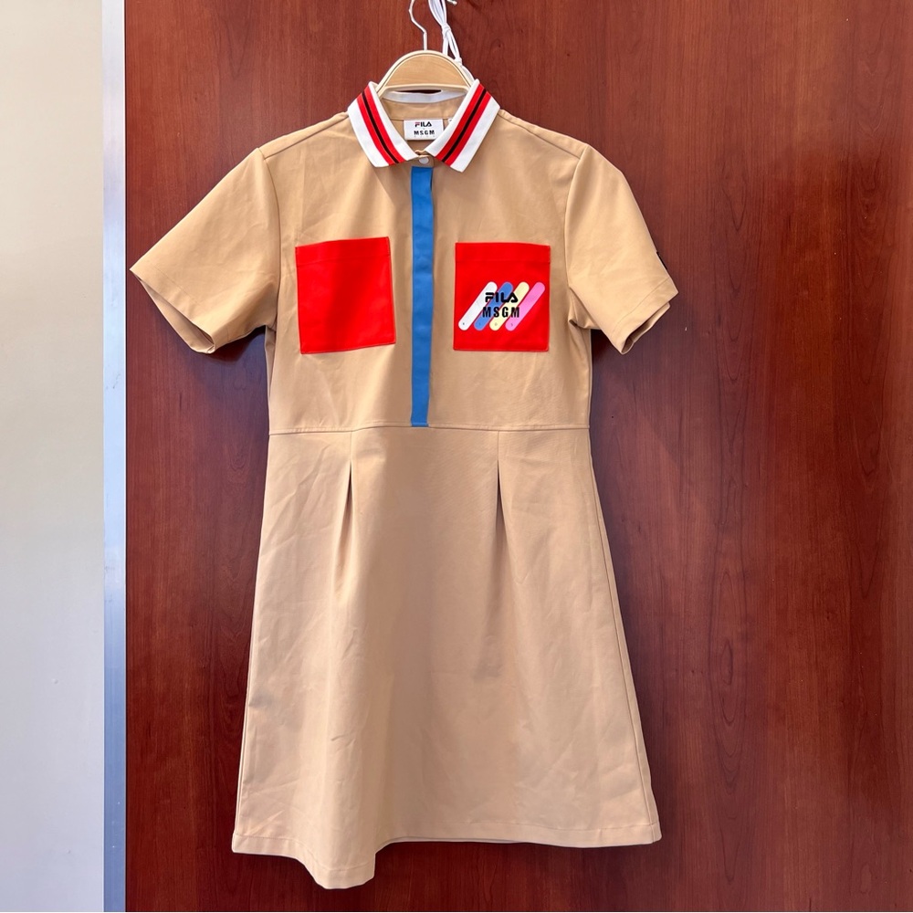 Fila MSGM Collaboration Polo dress Khaki Tan Patch Pockets Size 10 (165) Massimo